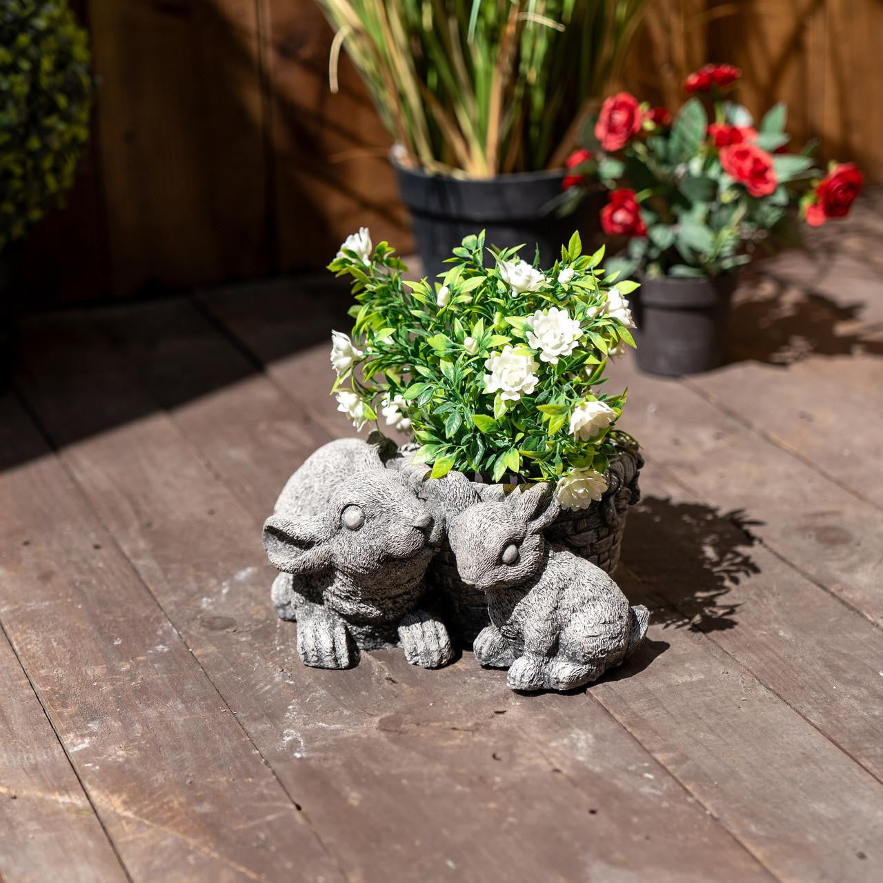 Stone Cast Pot with Rabbits for Flowers or Plants