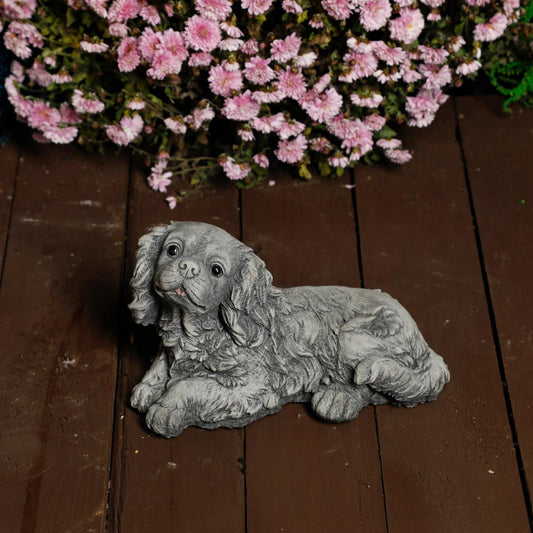 Stone Cast Small Laying King Charles Spaniel Dog Statue Ornament 