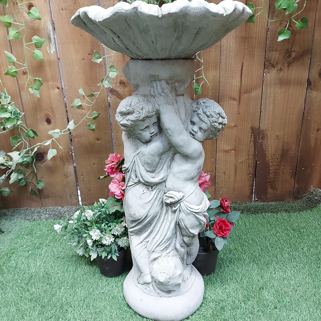 Stone Cast Twin Cherub Design Birdbath