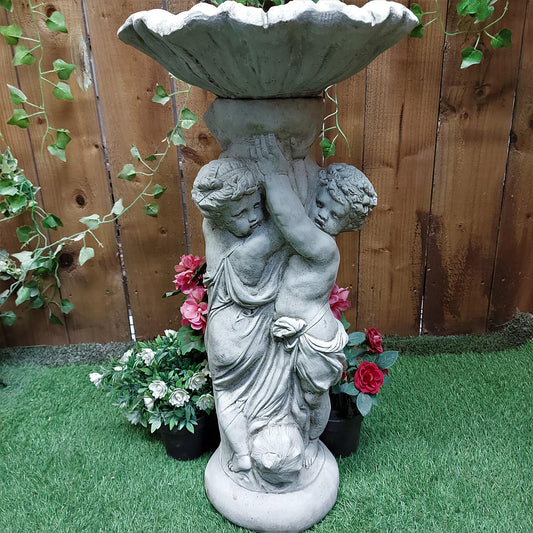 Stone Cast Twin Cherub Design Birdbath