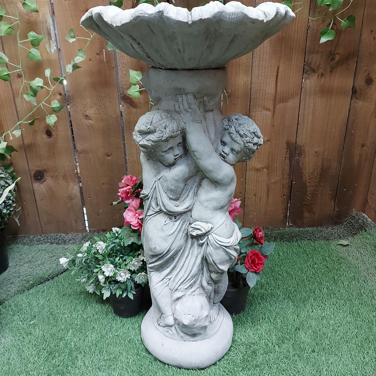 Stone Cast Twin Cherub Design Birdbath