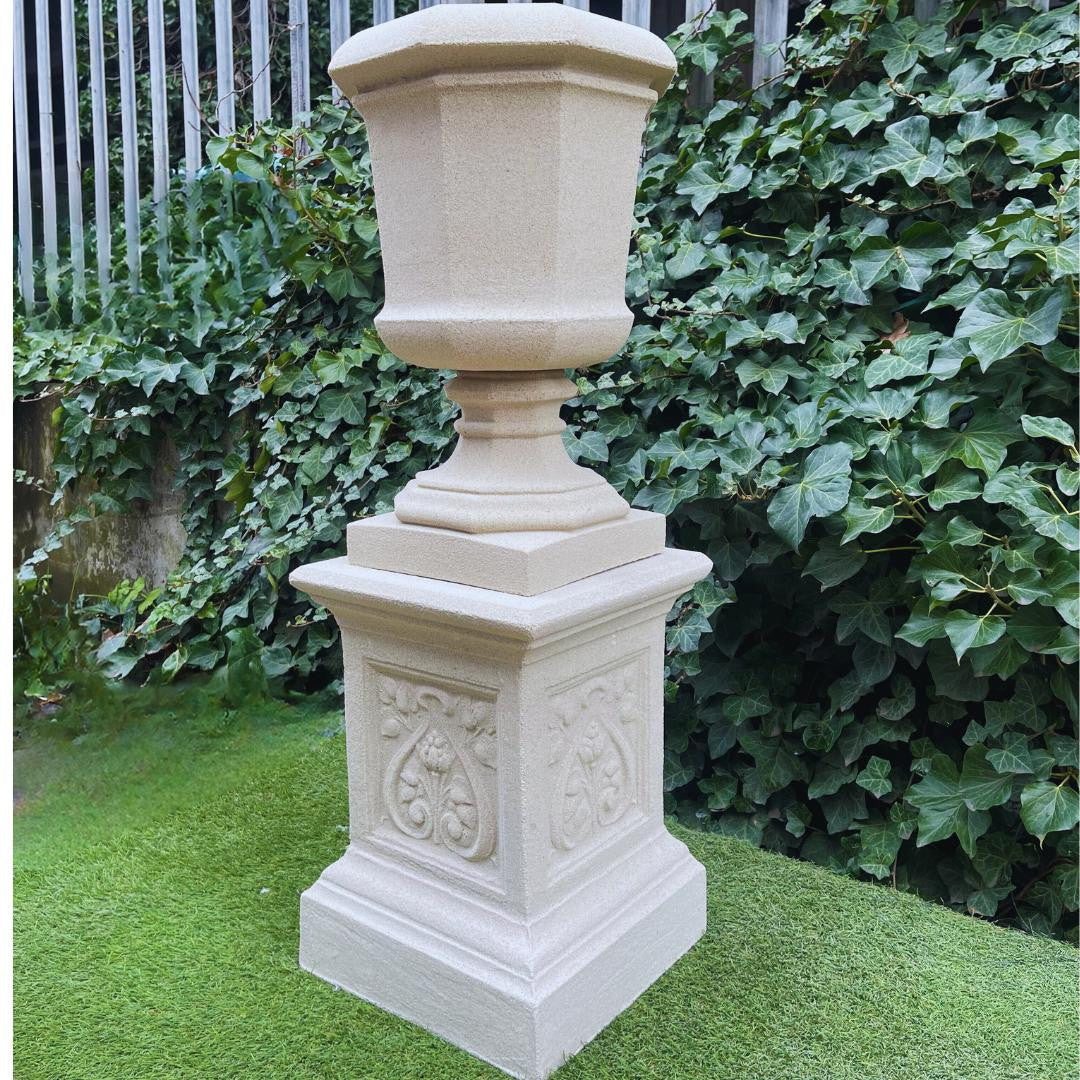 Large Sandstone Fluted Urn and Column with Laurel Wreaths