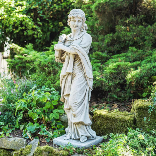 Tall Stone Cast Ladys Statue with Harp