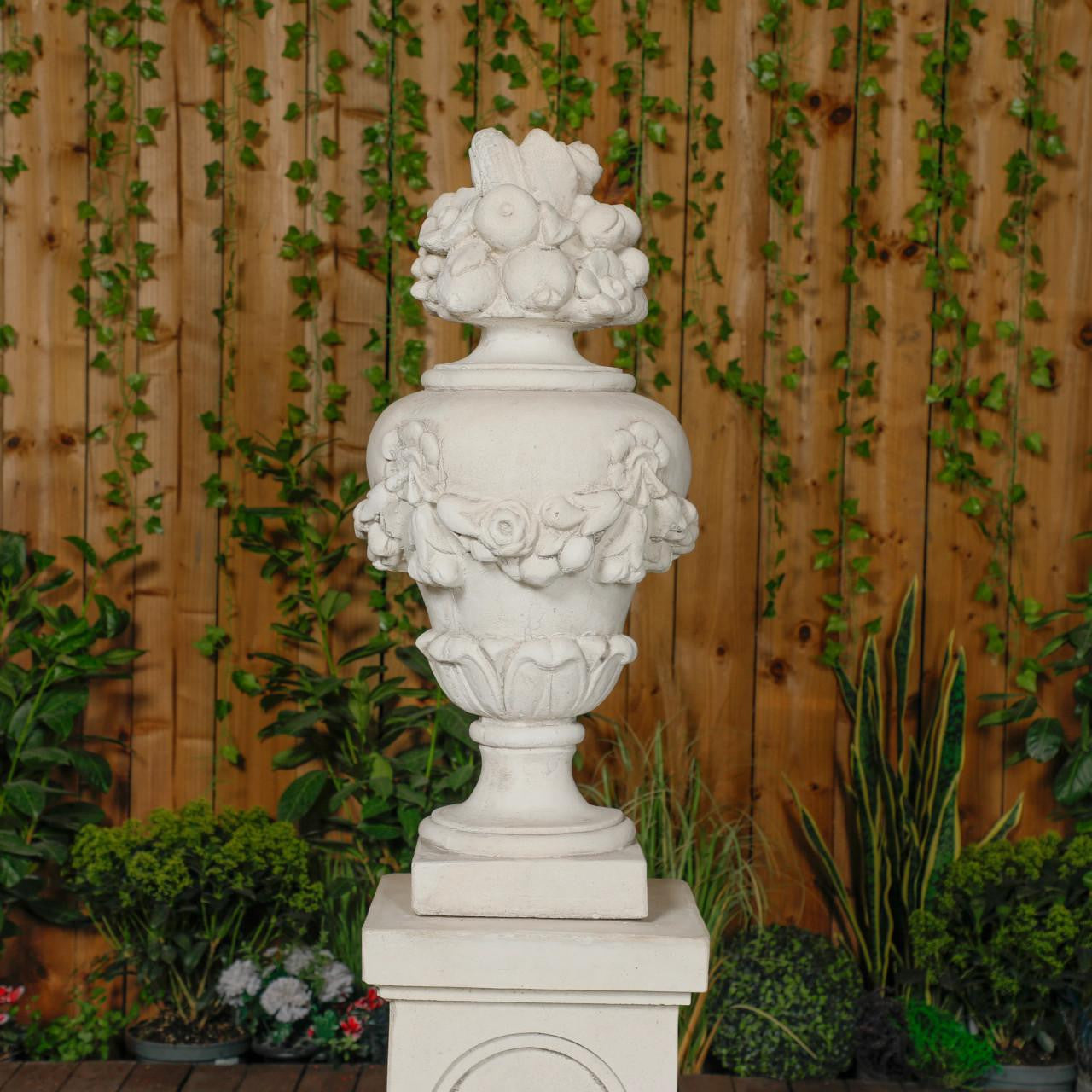 Very Large White Stone Cast Fruit Design Finial And Plinth Set 
