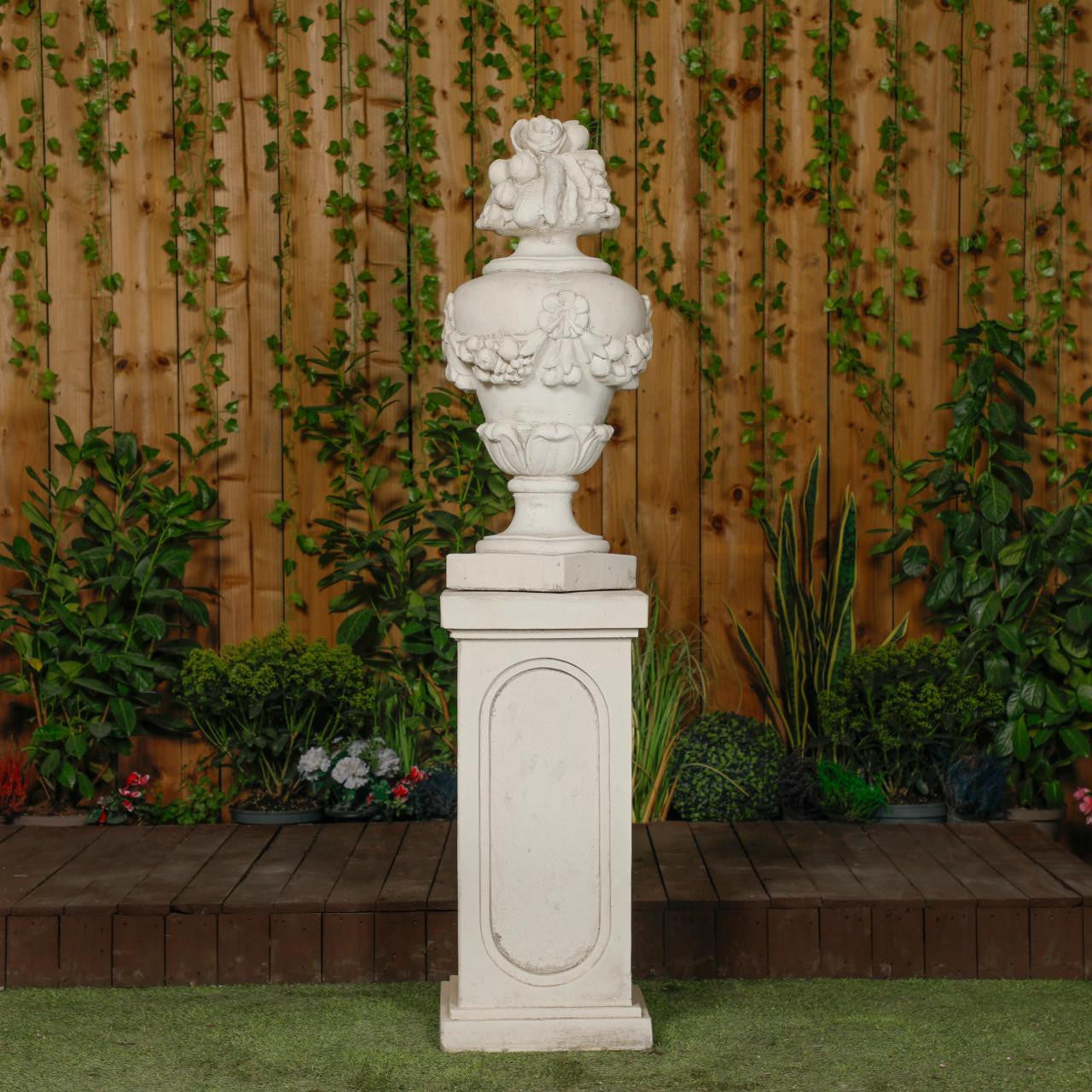 Very Large White Stone Cast Fruit Design Finial And Plinth Set 