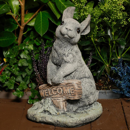 Welcome Bunny Stone Cast Statue Garden Ornament | Cute Rabbit Statue