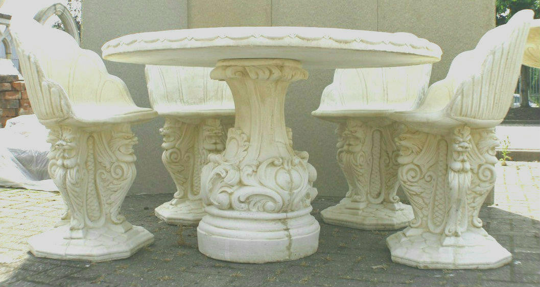 White Stone Garden Table and Stone Garden Chairs - Set