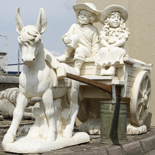 White Stone Ornament of Cart drawn by Donkey wo Children on