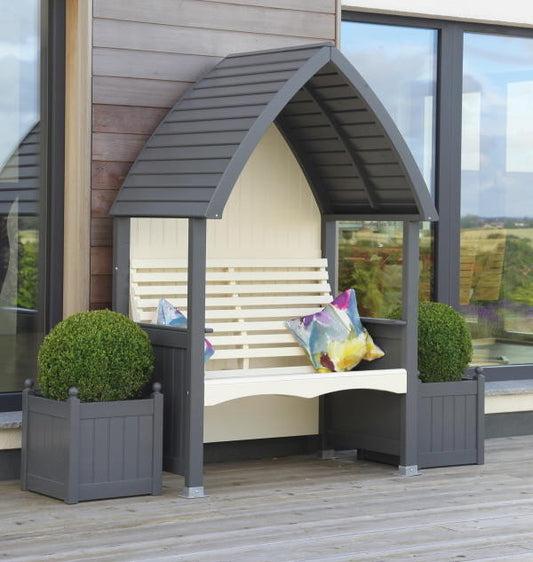 Wooden Garden Arbour Cottage In Charcoal and Cream sold by DGS Statues (pots not included)