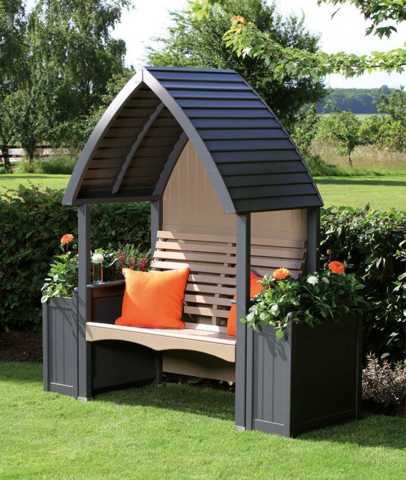 Wooden Garden Arbour Cottage In Charcoal and Nutmeg