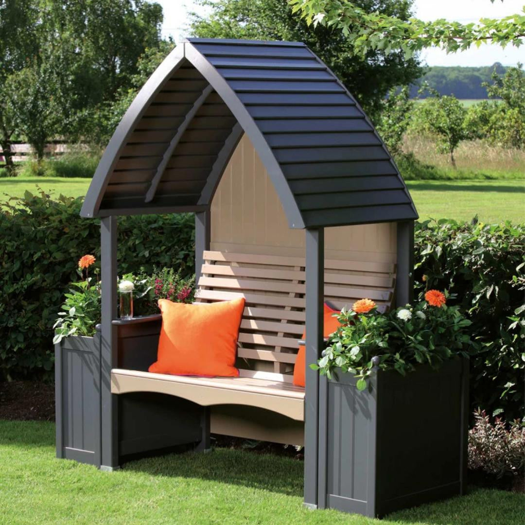 Wooden Garden Arbour Cottage In Charcoal and Nutmeg