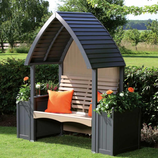 Wooden Garden Arbour Cottage In Charcoal and Nutmeg
