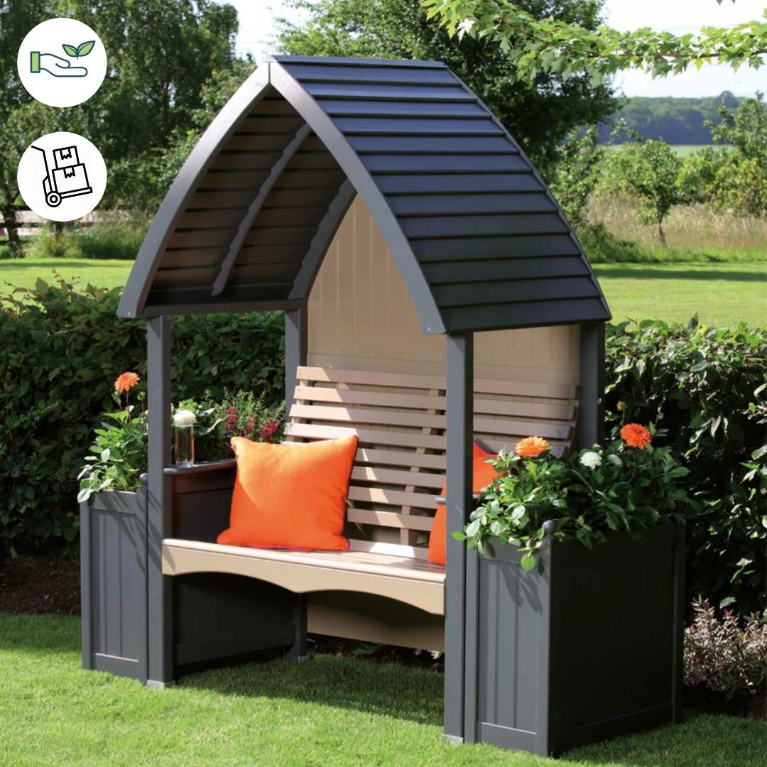 Wooden Garden Arbour Cottage In Charcoal and Nutmeg