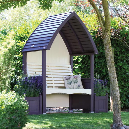 Wooden Garden Arbour Cottage In Lavender and Cream sold by DGS statues (pots from both sides not included)